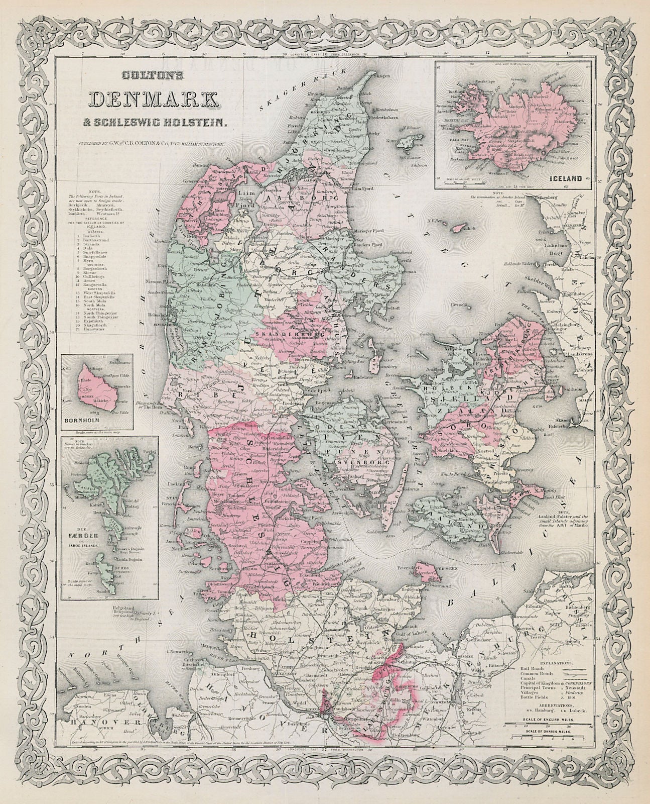 Colton's Denmark. Iceland Faroe Islands Bornholm. Schleswig-Holstein 1869 map
